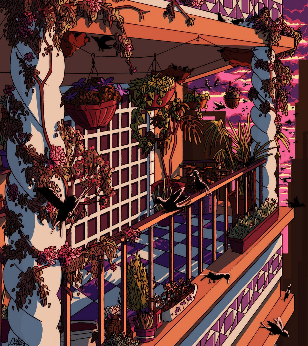 Illustration of a garden inside a balcony during sunset